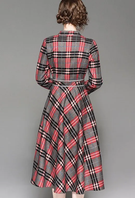 V Neck Plaid Dress