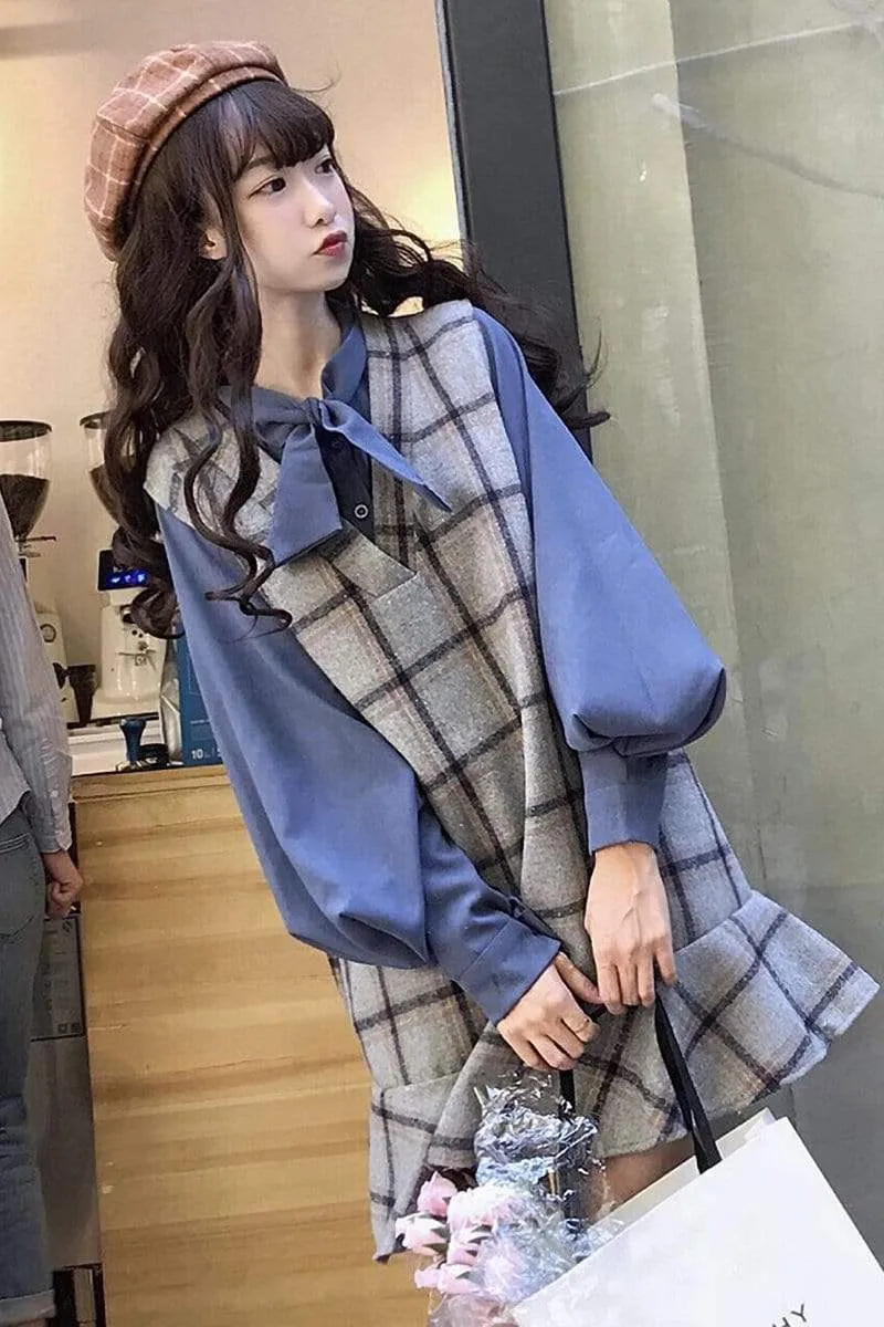 V-neck Vintage Plaid Falbala Puff Sleeved Dress