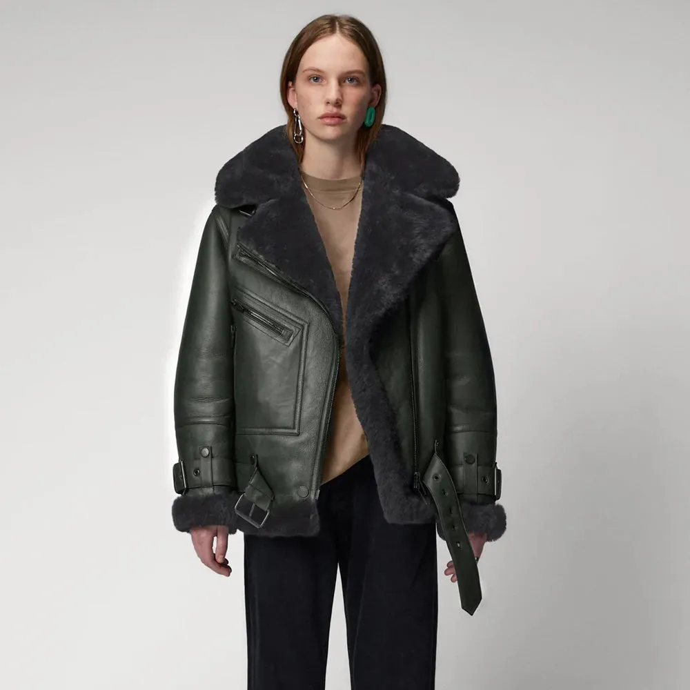 Women Green RAF Aviator Styled Lambskin Black Shearling Leather Jacket