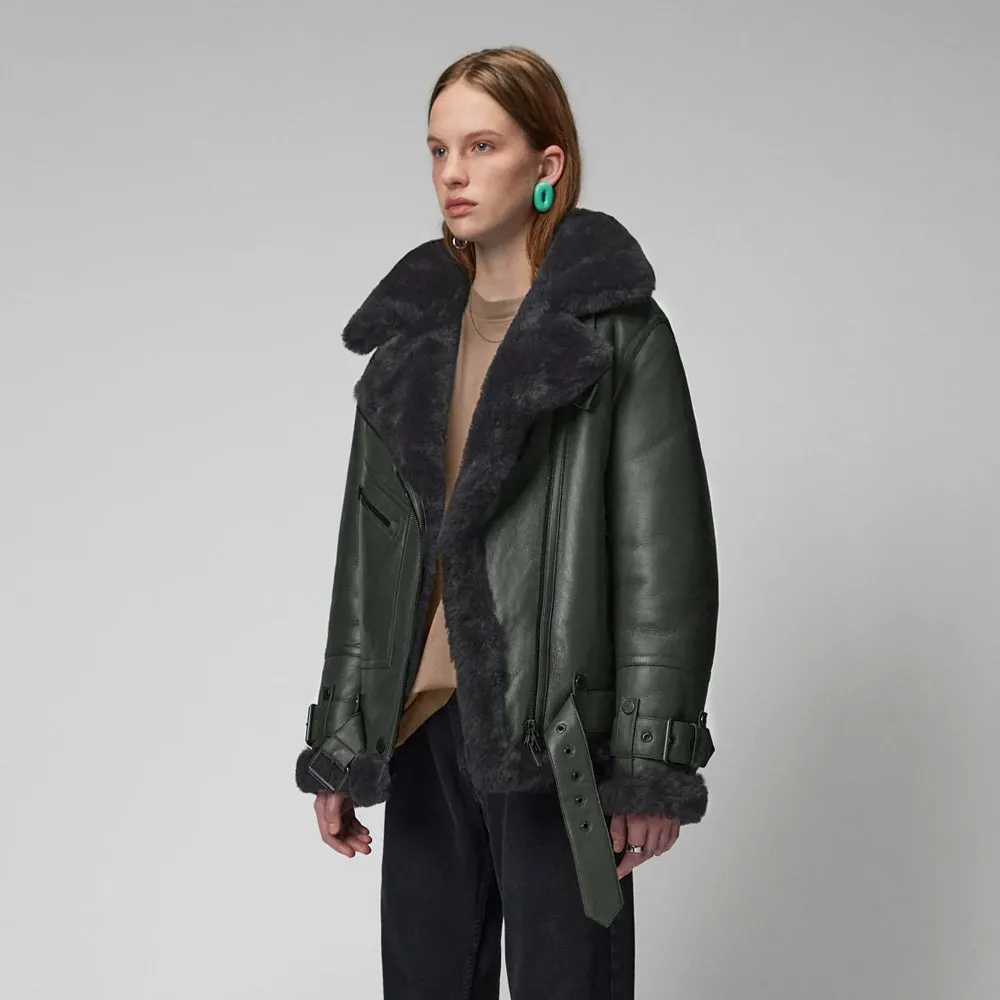 Women Green RAF Aviator Styled Lambskin Black Shearling Leather Jacket