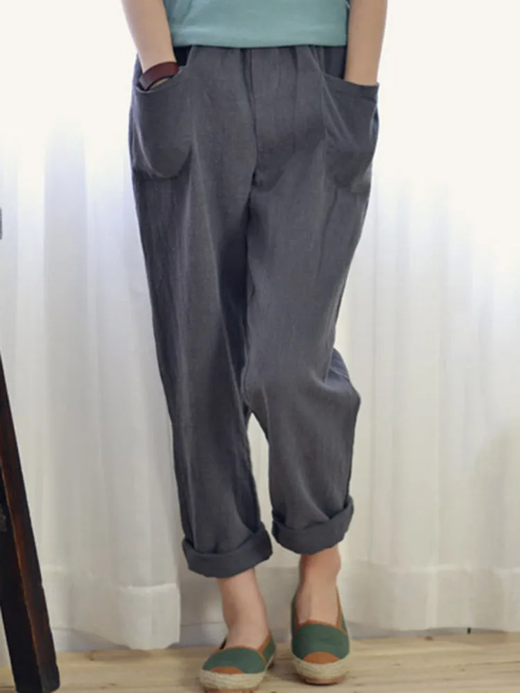 Women Solid Color Pocket Elastic Waist Cotton Pants