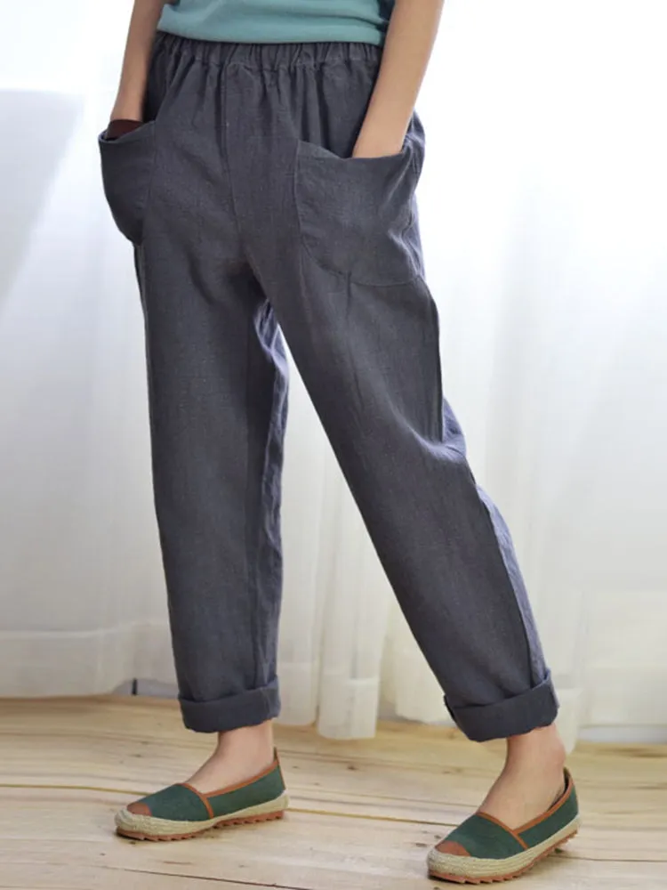 Women Solid Color Pocket Elastic Waist Cotton Pants