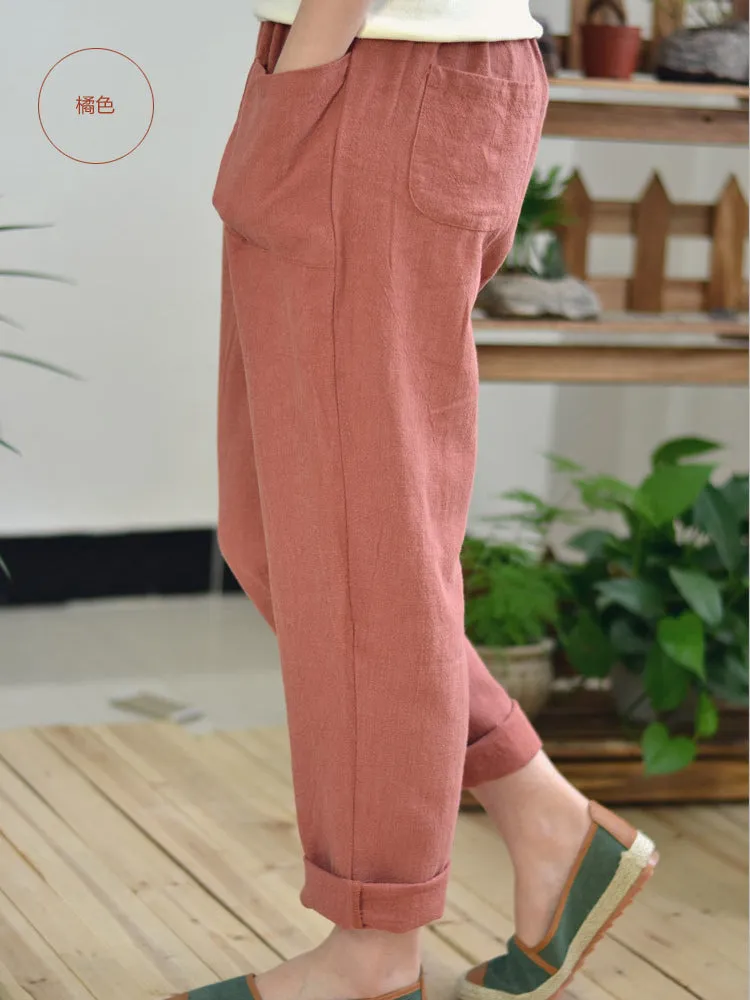 Women Solid Color Pocket Elastic Waist Cotton Pants