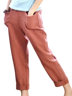 Women Solid Color Pocket Elastic Waist Cotton Pants