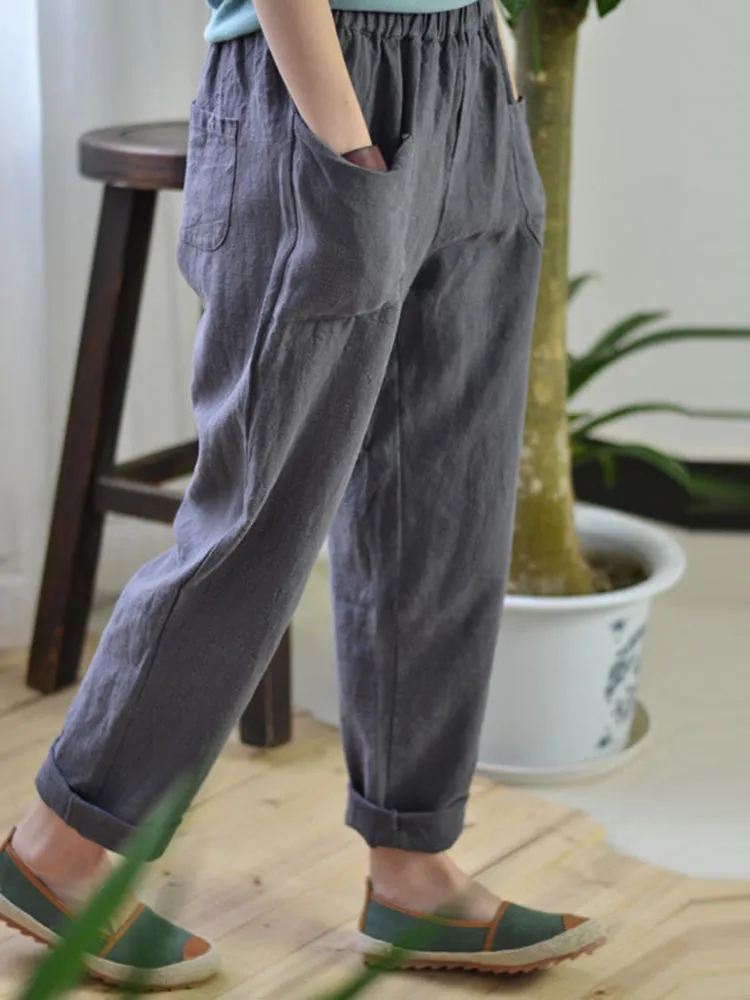 Women Solid Color Pocket Elastic Waist Cotton Pants