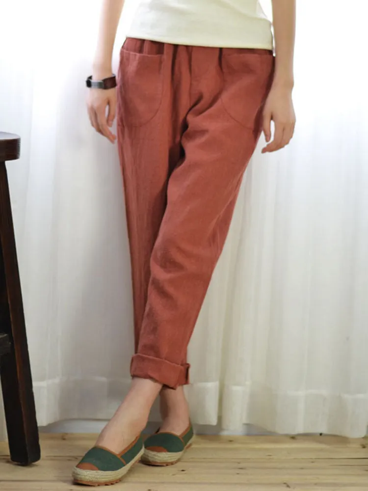 Women Solid Color Pocket Elastic Waist Cotton Pants