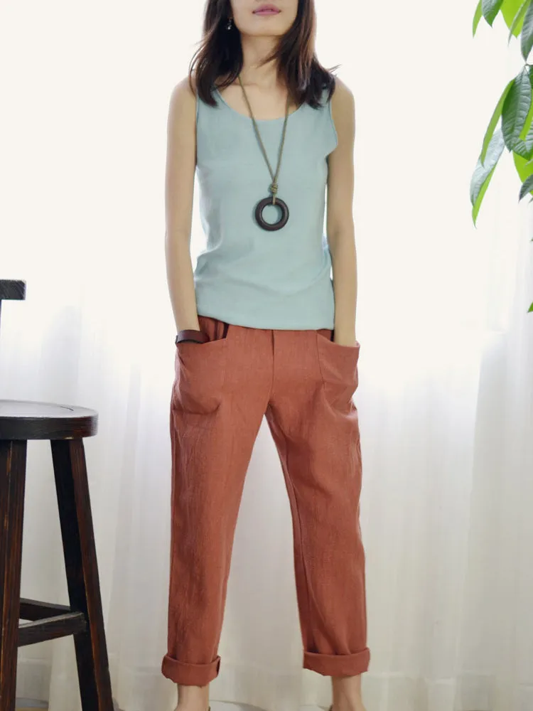 Women Solid Color Pocket Elastic Waist Cotton Pants