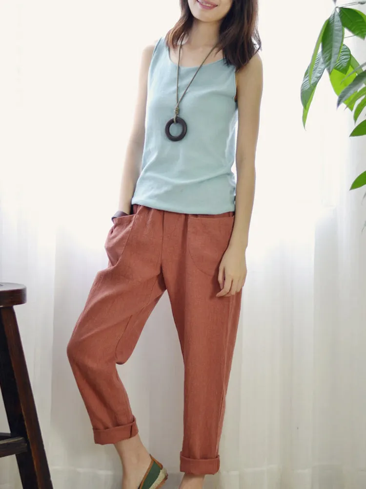 Women Solid Color Pocket Elastic Waist Cotton Pants