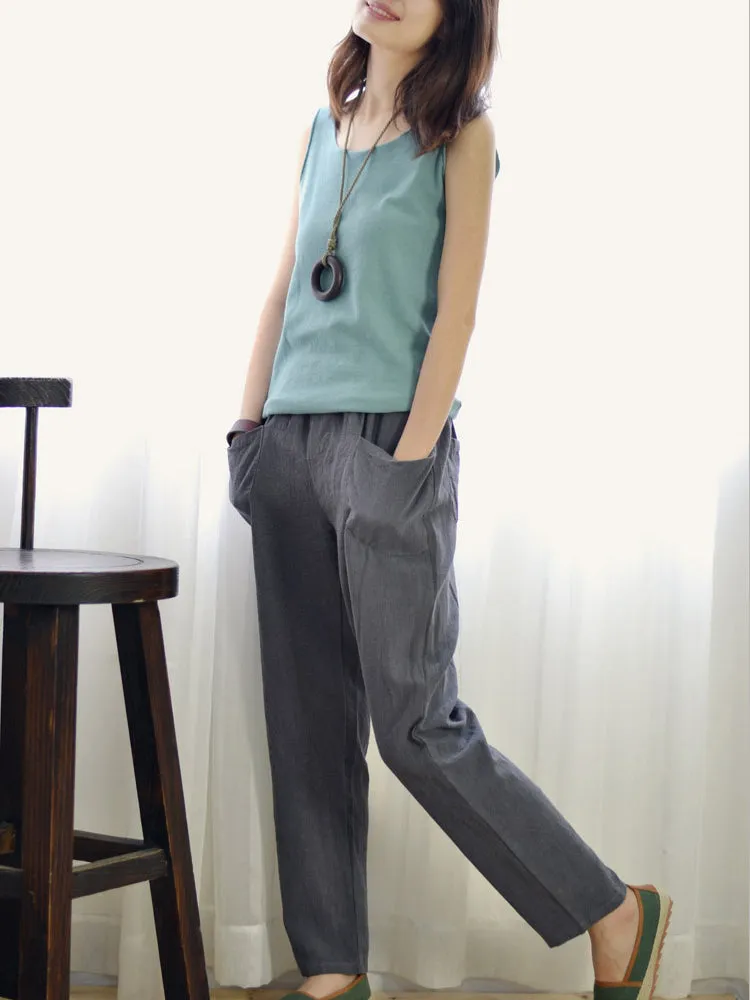 Women Solid Color Pocket Elastic Waist Cotton Pants