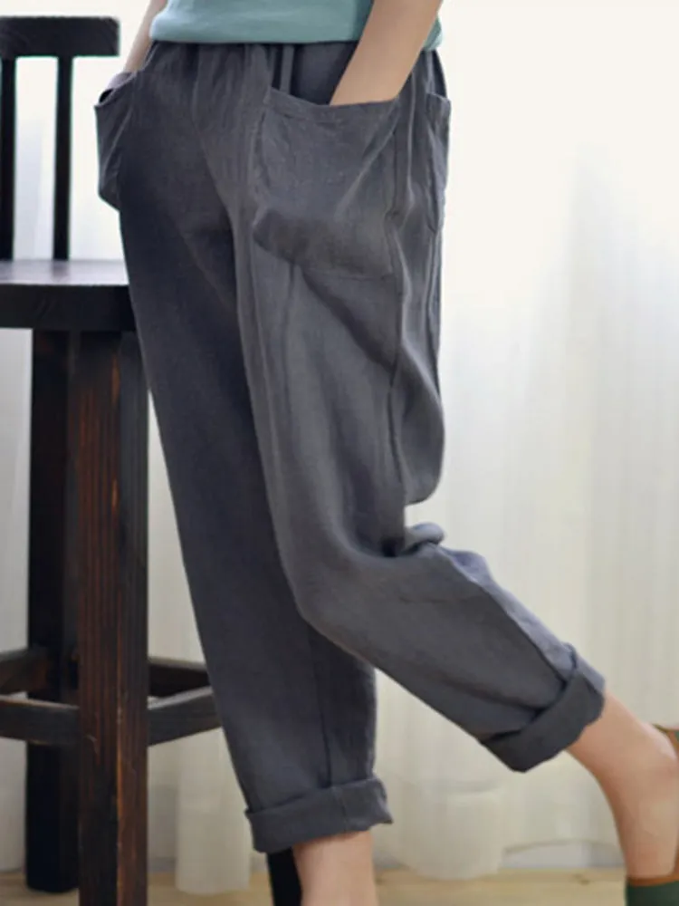 Women Solid Color Pocket Elastic Waist Cotton Pants