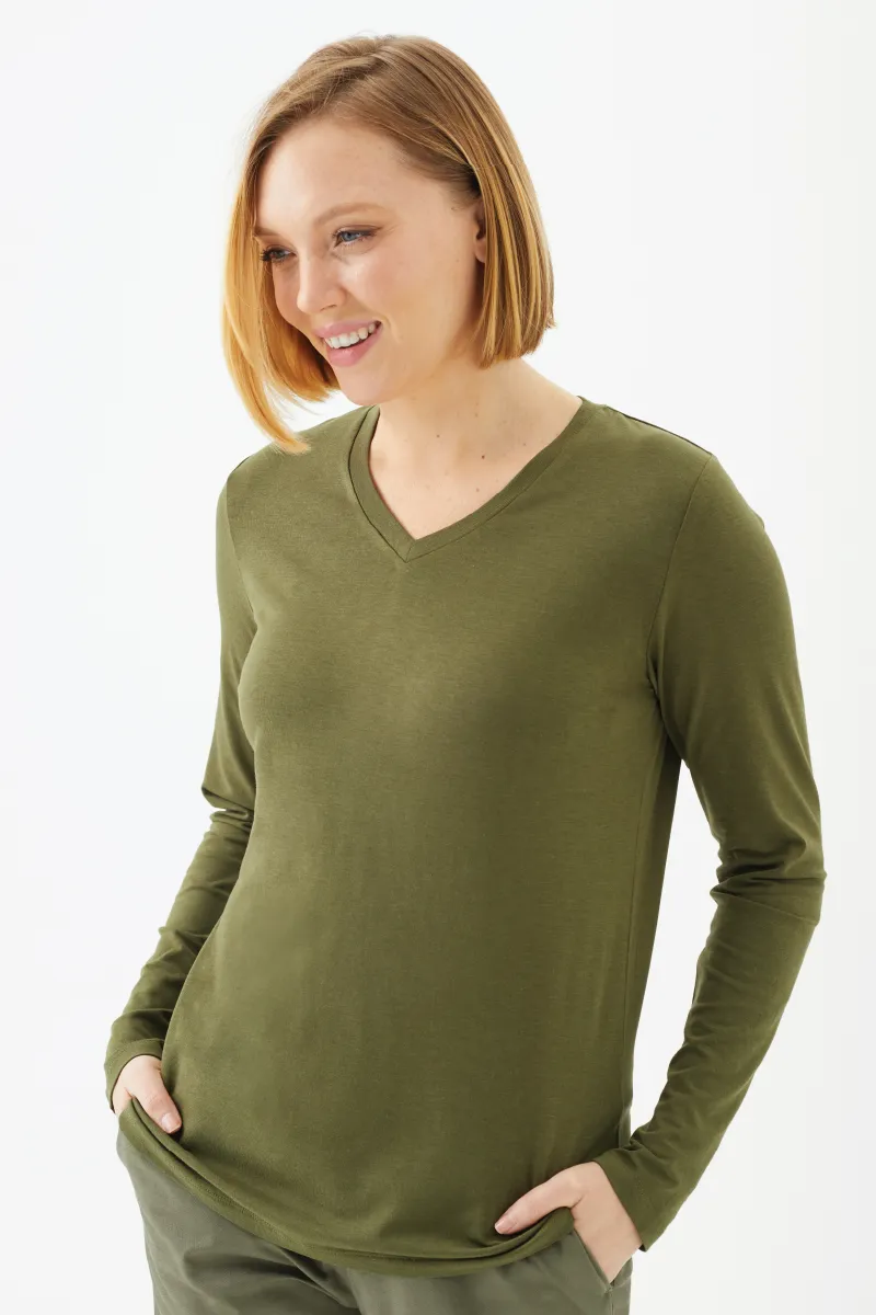 Women's Bamboo Cotton Long-Sleeve Vneck Tee-All Sales Final