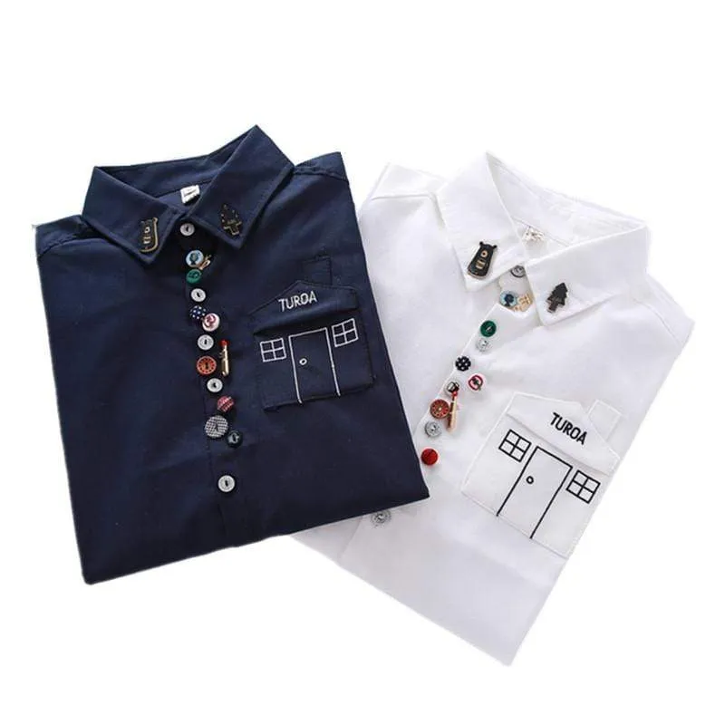 Women's Casual Lapel House Pocket Pure Color Shirts With Colorful Button