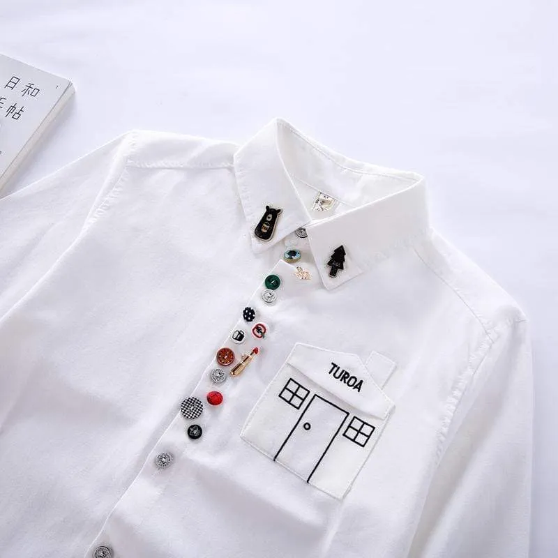 Women's Casual Lapel House Pocket Pure Color Shirts With Colorful Button