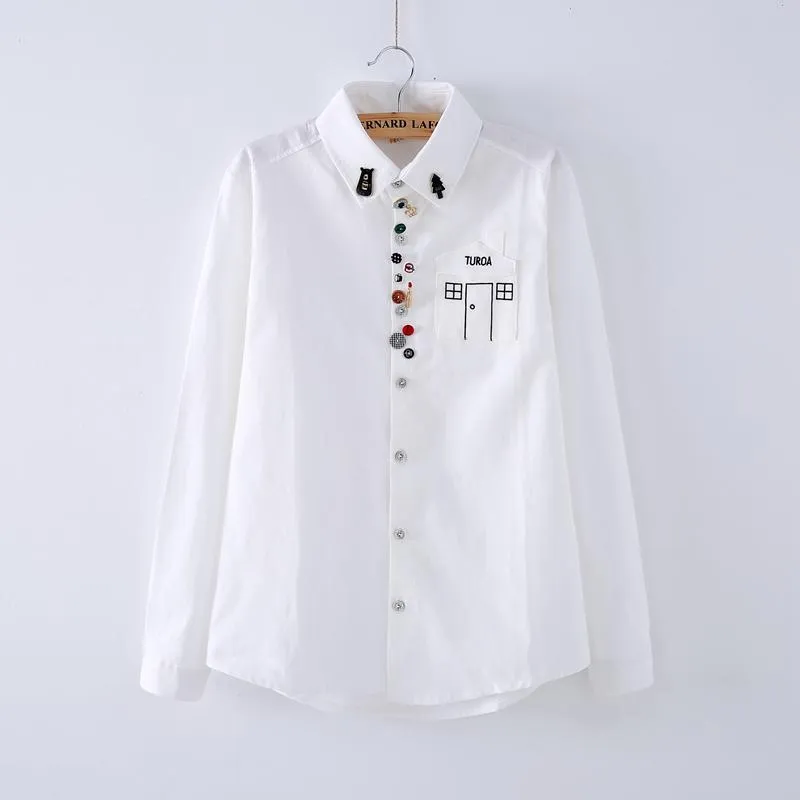 Women's Casual Lapel House Pocket Pure Color Shirts With Colorful Button