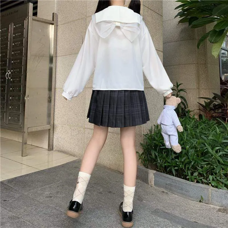 Women's Cute Back Mesh Bowknot Sailor Collar Shirts