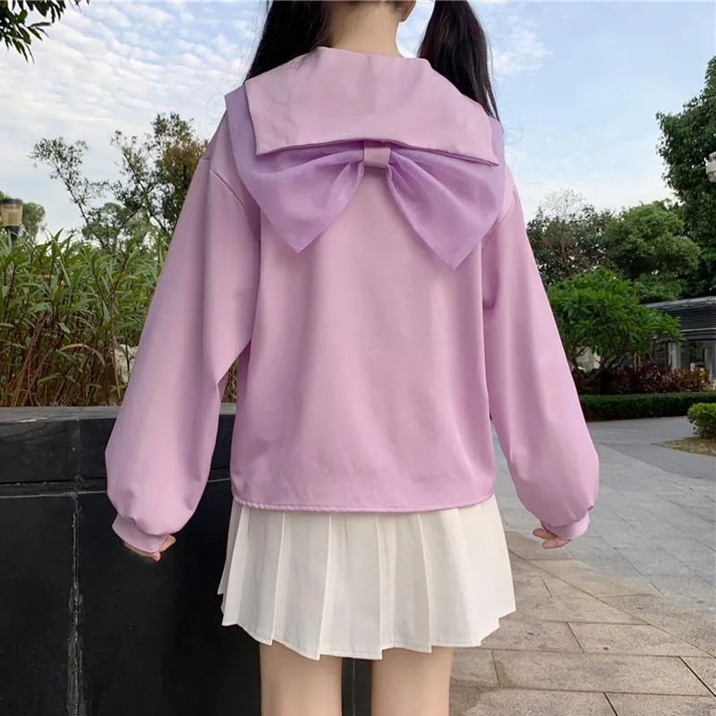 Women's Cute Back Mesh Bowknot Sailor Collar Shirts