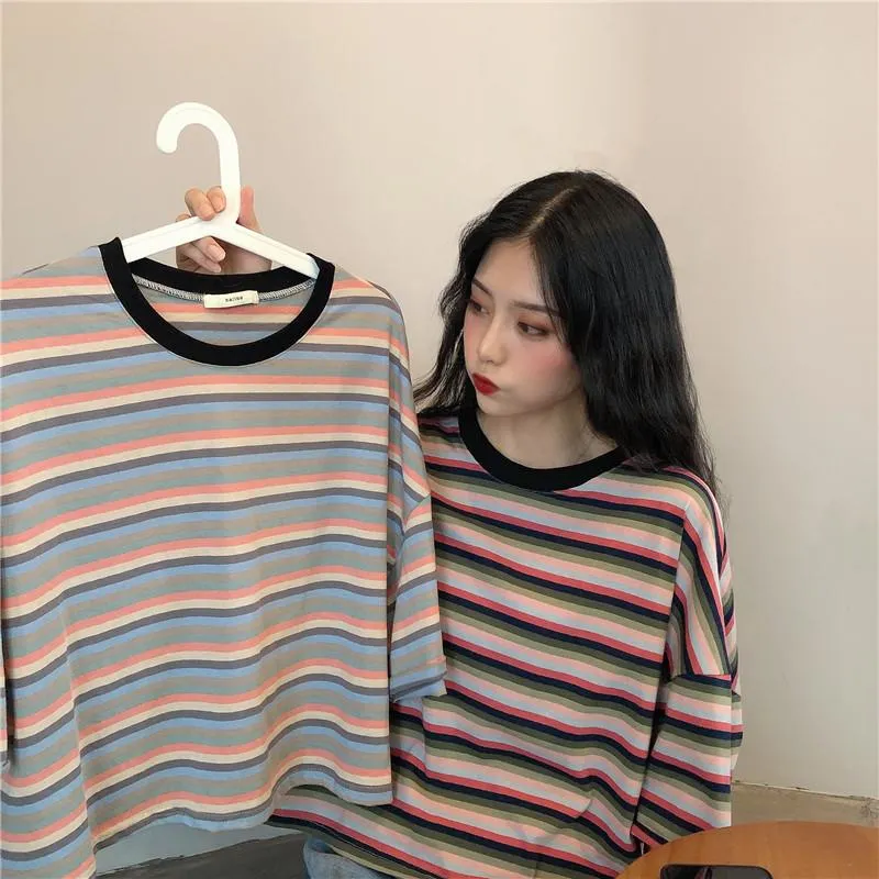 Women's Cute Contrast Color Loose Striped T-shirts