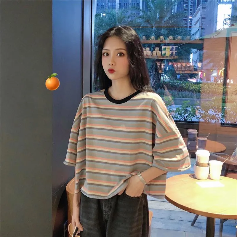 Women's Cute Contrast Color Loose Striped T-shirts