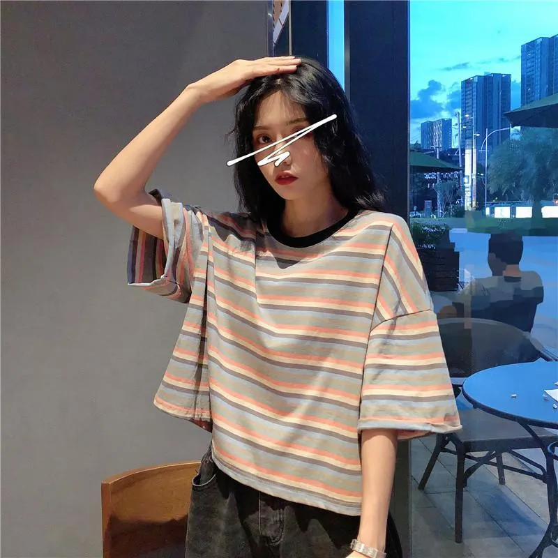 Women's Cute Contrast Color Loose Striped T-shirts