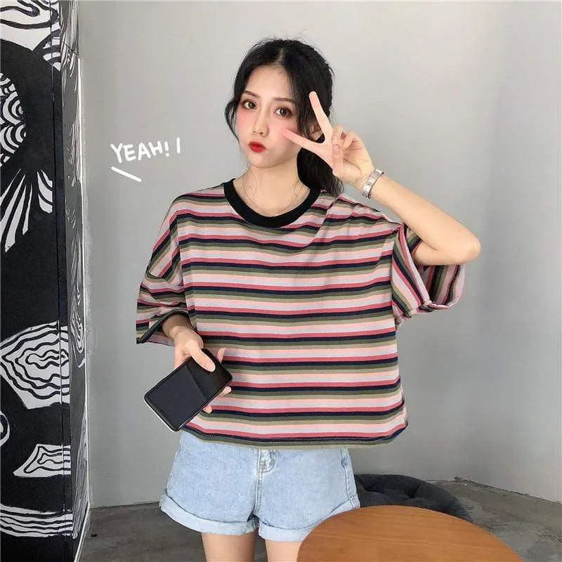 Women's Cute Contrast Color Loose Striped T-shirts