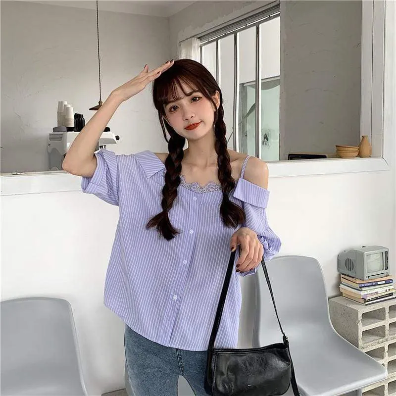 Women's Cute Lace Ruffeles Off Shoulder Chiffon Shirts